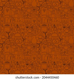 Coffee Time Line Seamless Pattern. Vector Illustration of Outline Background.