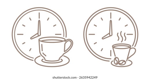 Coffee time linear icons set isolated on transparent background. Cup with hot beverage nearby clock line icon. Editable Stroke.