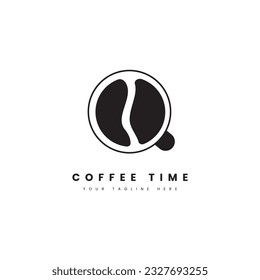 Logo del tiempo del café.Taza con silueta de frijol de café, logotipo del café o logotipo de la cafetería.