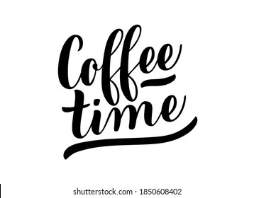 Coffee time logo calligraphic text. Handwritten lettering illustration. Brush calligraphy style. Black inscription isolated on white background