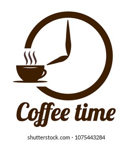 Coffee time logo  design for cafe, shop or store. Emblem with brown cup, clock arrows and inscription over white background. Illustration in flat style.