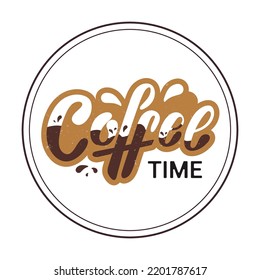 Coffee time logo. Hand lettering, white and brown letters with coffee drops in a circle. Stamp.Vector illustration for cafe bar shop menu. Coffee Menu set sticker banner ads sticker logotype.