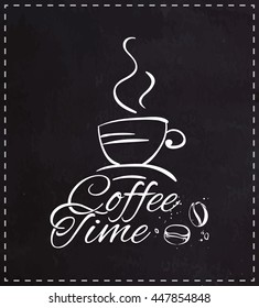 Coffee time - logo lettering, calligraphy. Illustration mug and coffee beans. Isolated vector. To design the menu, packaging, printed on a mug. chalk board