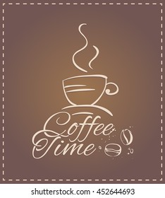 Coffee time - logo lettering, calligraphy. Illustration mug and coffee beans. Isolated vector. To design the menu, packaging, printed on a mug. warm colors - Leather