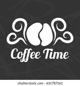 Coffee time logotype design isolated on black background. Coffe bean