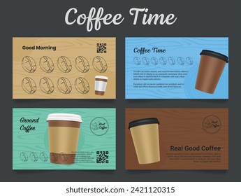 Coffee time loyalty card for sticker collect bonus voucher free design template set vector illustration. Discount coupon takeaway caffeine hot beverage with engraved elements for sale at cafe