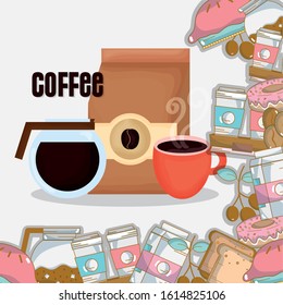 coffee time maker cup paper bag milk bread cookies donut fresh beverage vector illustration
