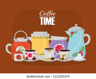 coffee time - coffee maker and cups set flower decoration