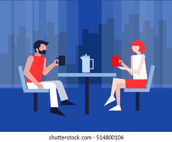 Coffee time. Man and woman, couple in love  sitting at the table, drinking coffee. Vector illustration