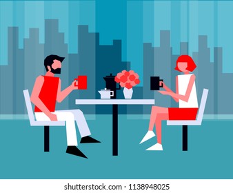 Coffee time. Man and woman sitting at the table, drinking coffee. Vector illustration