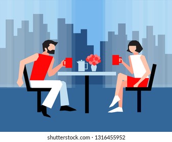 Coffee time. Man and woman sitting at the table, drinking coffee. Vector illustration