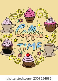 Coffee time with mandala art, mug, cupcakes, and flowers for Valentine's day or Greeting Cards. Hand-drawn with inspiration word. Coloring book for adults and kids. Vector Illustration.