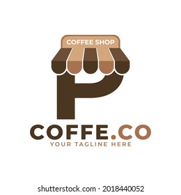 Hora del Café. Ilustración vectorial del logotipo de la cafetería P de la carta inicial moderna