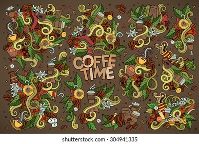 Coffee time nature doodles hand drawn colorful vector symbols and objects