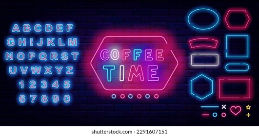 Coffee time neon emblem. Geometric frames set. Coffee house advertising for cafe, restaurant. Shiny blue alphabet. Barista design on brick wall. Editable stroke. Vector stock illustration