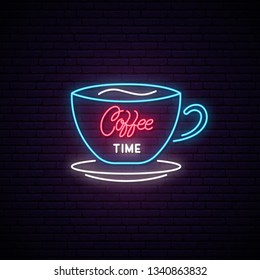 Coffee time neon sign. Light coffee cup on brick wall background. Cafe or coffee store emblem. Vector illustration in neon style.