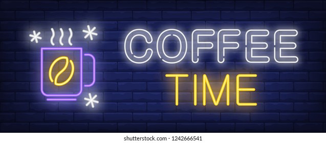 Coffee time neon text and cup with hot drink. Winter and cafe advertisement design. Night bright neon sign, colorful billboard, light banner. Vector illustration in neon style.