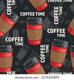 Coffee time pattern seamless colorful with paper cups for hot drink for coffeeshop advertising with favorable prices vector illustration