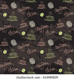 Coffee time. Coffee pattern with text coffee time and grunge blots ink.Seamless pattern with thematic coffee elements design mug,cup,coffee,coffee bean,coffee stains,ink on brown background