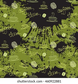 Coffee time pattern.Seamless pattern with cup, coffee bean, text coffee time on green and black blots ink background