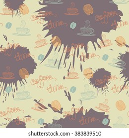 Coffee time pattern.Seamless pattern with thematic elements: mug, cup, coffee, coffee bean,coffee stains, blots brown ink 