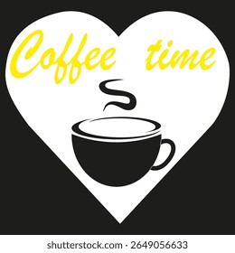 Coffee time phrase. Steam cup illustration. Yellow letter contrast. Vector heart graphic.