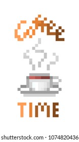 Coffee time, pixel art print design isolated on white background. Coffee to go sticker in 8 bit font. Hot beverage menu logo. Stylish poster template for cafe/restaurant/coffee house/fast food place.
