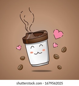 Coffee time Plastic coffee cup cartoon with hot coffee in flat style. Vector Illustration