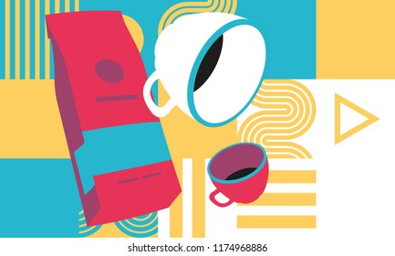 Coffee time pop art style. Coffee cup and coffee box. Flat vector illustration