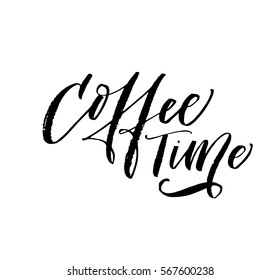 Coffee time postcard. Ink illustration. Modern brush calligraphy. Isolated on white background.