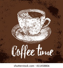 Coffee time poster with broken cup in vintage style, vector