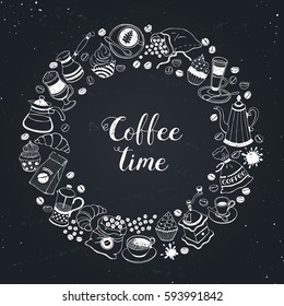 Coffee time poster concept. Invitation design. Hand drawn line art illustration with teapots, cups and sweets in circle shape.