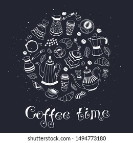 Coffee time poster concept. Coffee party greeting card design. Hand drawn line art illustration with teapots, cups and sweets in circle frame on blackboard.