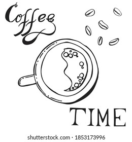 Coffee time poster concept. Coffee party card design. Hand drawn doodle illustrations, cups and sweets. Coffee Break and Breakfast Time Labels Set Isolated on White Background. Doodle Style.