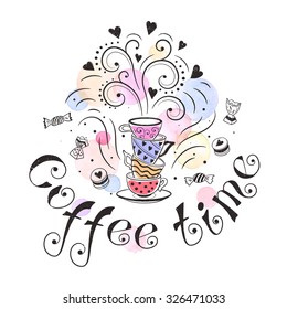 Coffee time poster concept. Coffee party card design. Hand drawn doodle illustration with teapots, cups and sweets.