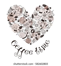 Coffee time poster concept. Coffee party greeting card design. Hand drawn line art illustration with teapots, cups and sweets.