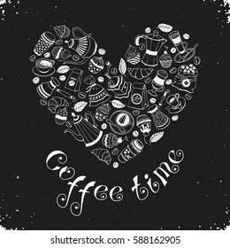 Coffee time poster concept. Coffee party greeting card design. Hand drawn line art illustration with teapots, cups and sweets in heart shape.