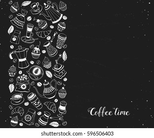 Coffee time poster concept. Coffee party greeting card design. Hand drawn line art illustration with teapots, cups and sweets in vertical stripe.