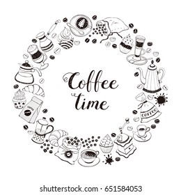 Coffee time poster concept. Coffee party greeting card design. Hand drawn line art illustration with teapots, cups and sweets in circle frame isolated on white background. 