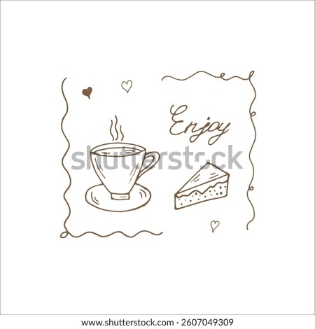 Coffee time poster concept. Coffee party card design. Hand drawn doodle illustration with teapots, cups, sweets and frames