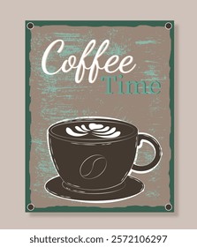 Coffee time poster. Cup with hot drink. Coffee shop, cafe or restaurant. Aroma and beverage. Cappuccino and mochaccino. Retro banner or cover. Flat vector illustration isolated on beige background