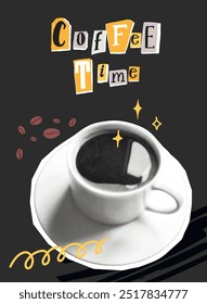 Coffee time poster, cutout letters, collage black and white photo of cup, handmade doodles and drawings on black background. Inspirational cafe print.