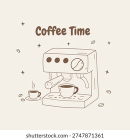 Póster de tiempo de café con máquina de café expreso y tazas, ilustración de Doodle de café dibujado a mano
