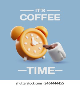 The Coffee Time poster features a 3D image of a yellow alarm clock and a cup of black coffee, great for representing breaks. Includes space for your text. Cartoon style.