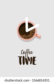 Coffee time poster, flyer, advertisement, menu for cafe, coffee shop, restaurant. Minimalist design in flat cartoon style. Top view / flatlay. Also greeting card or other background template