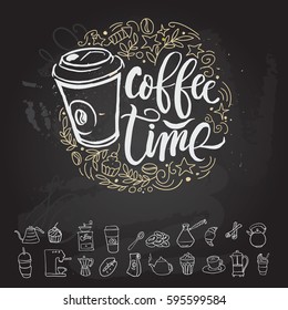 Coffee time poster and icon outline set Hipster Vintage Stylized Lettering. Vector Illustration. Chalkboard design