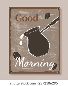 Coffee time poster. Jug with hot drink near beans. Coffee shop, cafe or restaurant. Aroma and beverage. Ingredients for americano. Retro banner. Flat vector illustration isolated on beige background