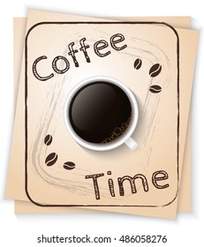 Coffee time. Poster with realistic coffee cup filled with black classic espresso on a light background with the text. Vector Illustration.