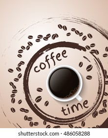 Coffee time. Poster with realistic coffee cup filled with black classic espresso on a light background with the text. Vector Illustration.