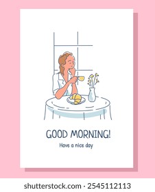 Afiche de la hora del café. Mujer con taza de café caliente sentada en la mesa con croissant. Muchacha joven con el desayuno sabroso. Folleto, póster o Anuncio. Ilustración vectorial lineal aislada sobre fondo rosa